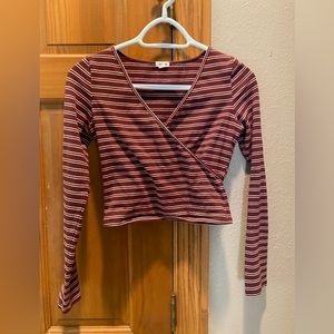 Garage Maroon Striped Cropped Long Sleeve